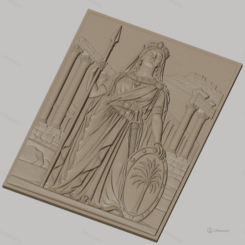 Fichier CNC & impression 3D reine antique, lance bouclier palmier colonnes grecques, haute qualité relief STL