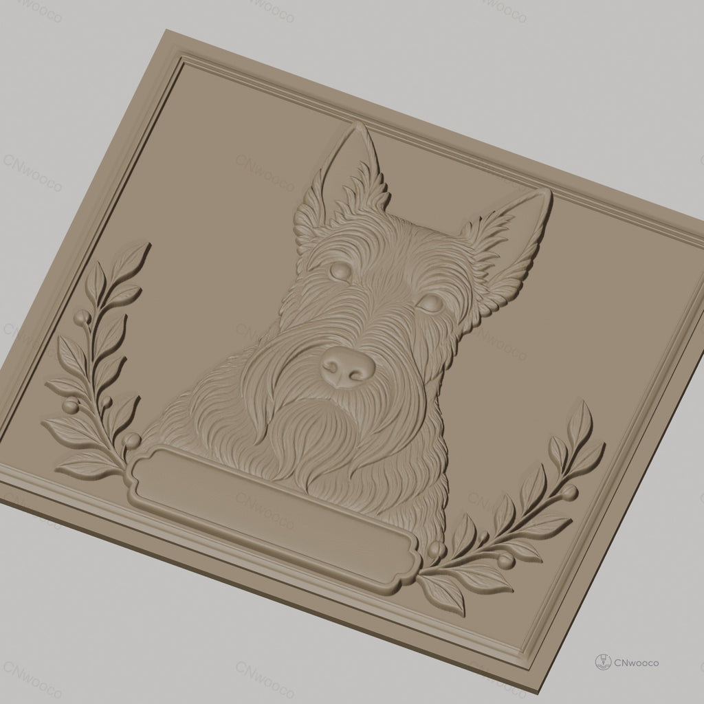 Fichier CNC & impression 3D chien Scottish Terrier portrait avec branches décoratives, haute qualité relief STL