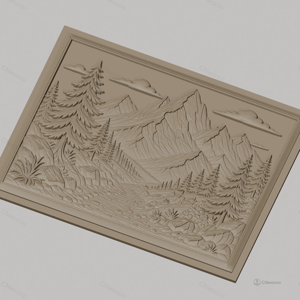 Fichier CNC & impression 3D paysage montagneux, sapins, ruisseau et rochers, haute qualité relief STL