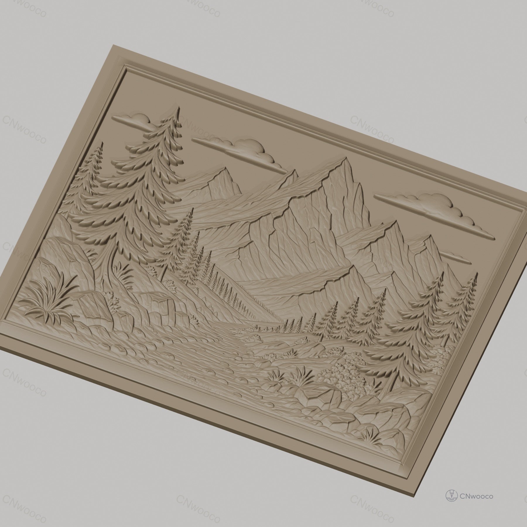 Fichier CNC & impression 3D paysage montagneux, sapins, ruisseau et rochers, haute qualité relief STL