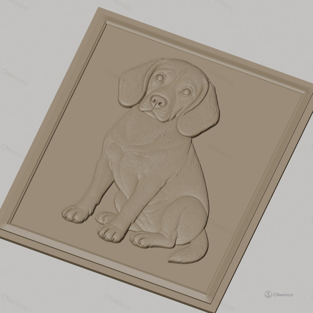 Fichier CNC & impression 3D chien Beagle assis, détail pelage et contours réalistes, haute qualité relief STL