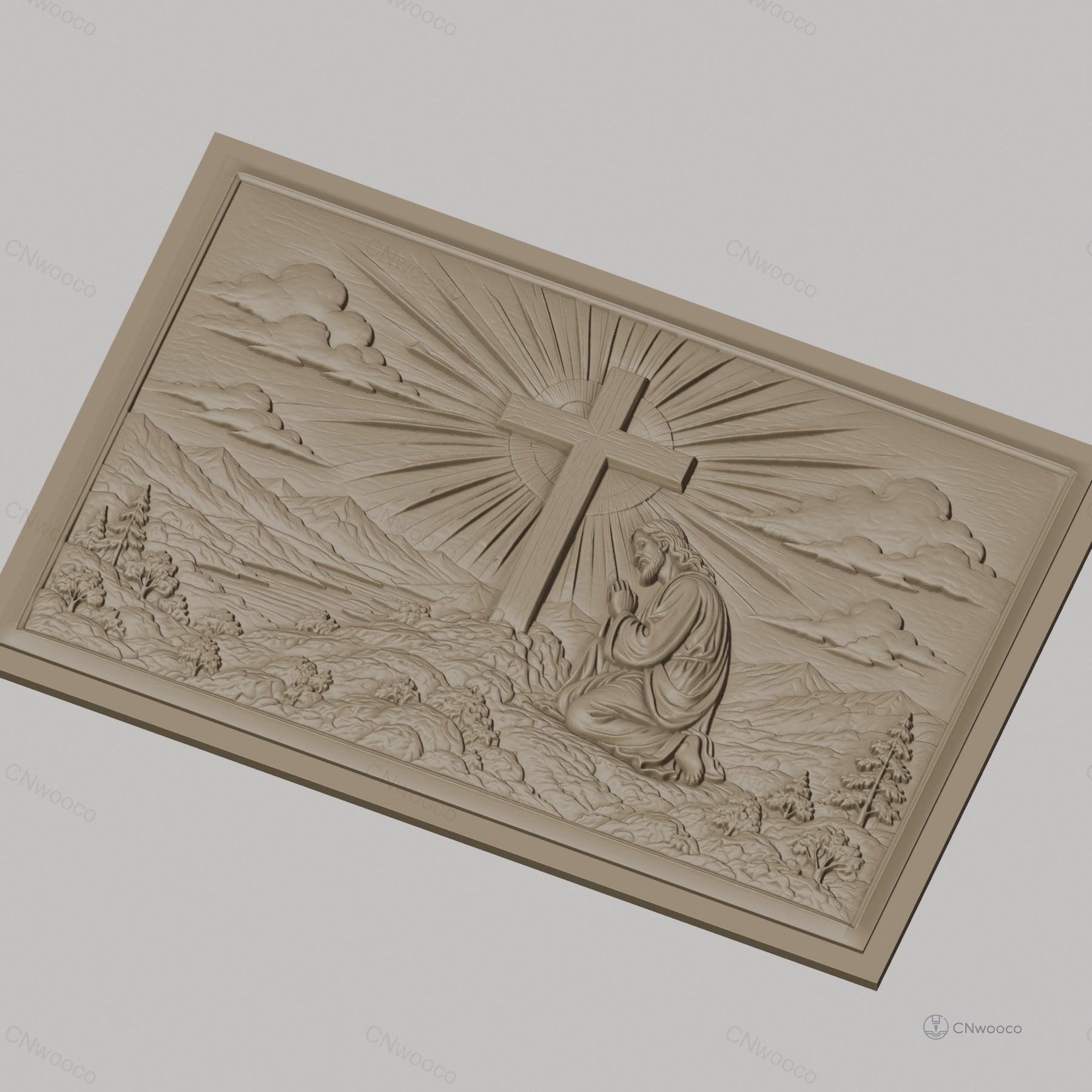 Fichier CNC & impression 3D Jésus priant devant la croix, paysage montagneux et rayons de lumière, haute qualité relief STL