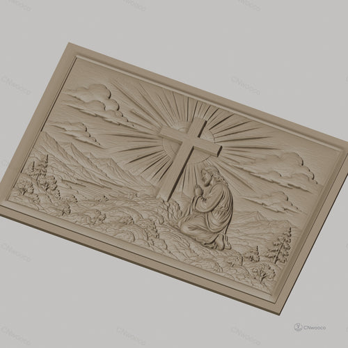 Fichier CNC & impression 3D Jésus priant devant la croix, paysage montagneux et rayons de lumière, haute qualité relief STL
