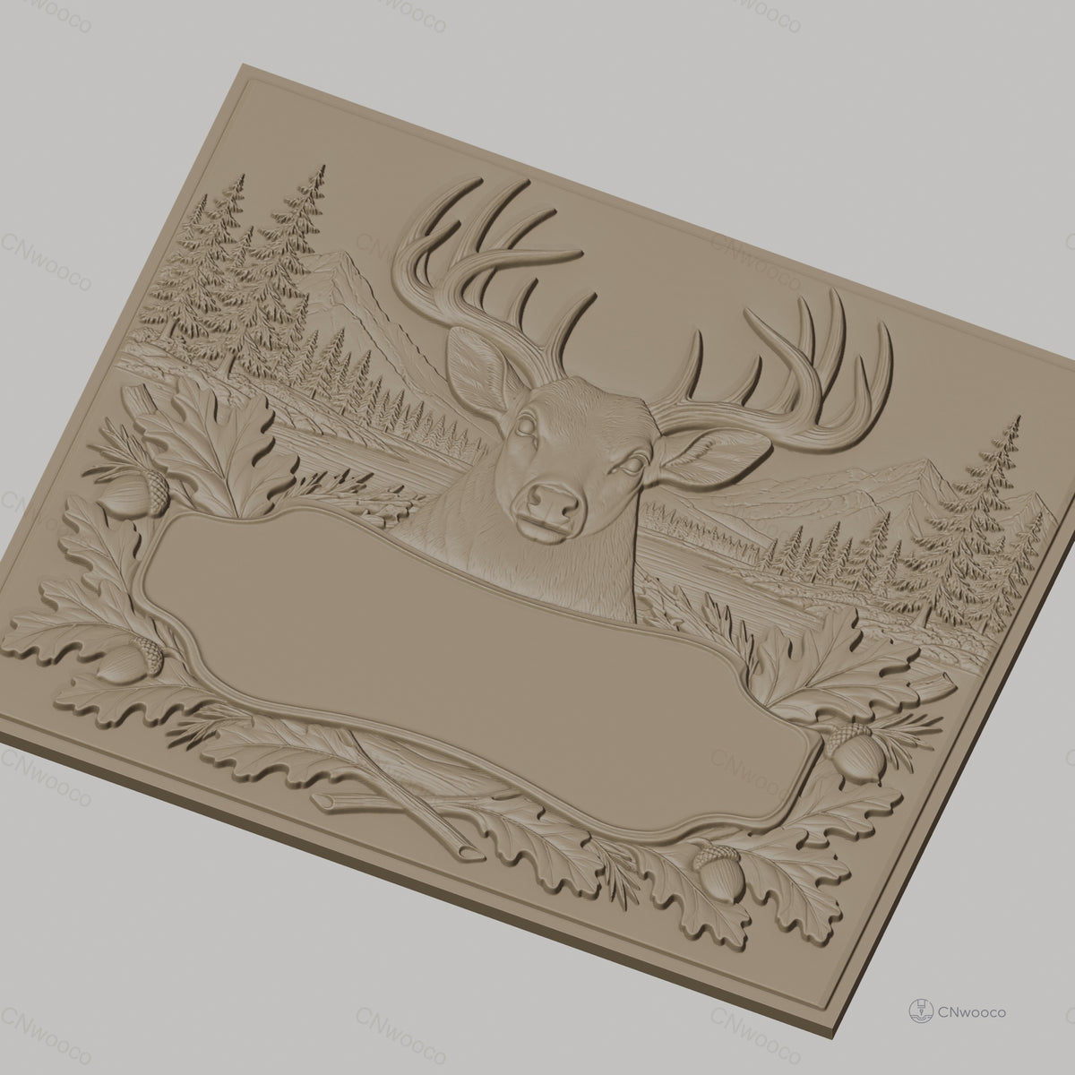 Fichier CNC & impression 3D cerf majestueux, décor forêt, montagnes et gland, haute qualité relief STL