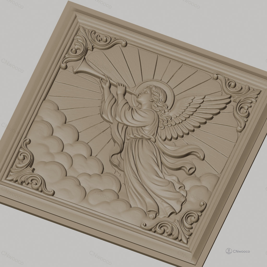 Fichier CNC & impression 3D ange trompettiste, nuages et rayons célestes, haute qualité relief STL