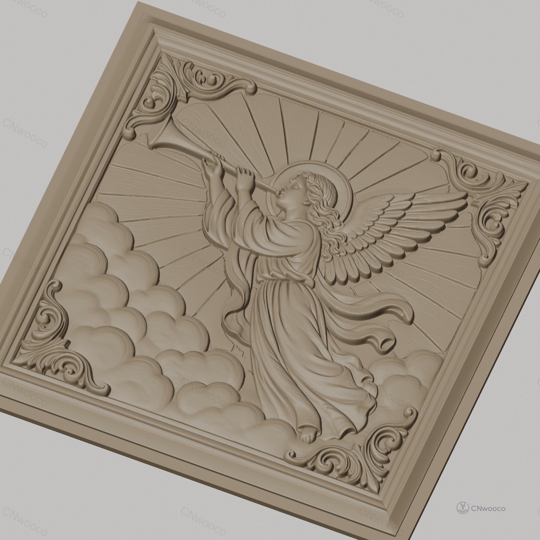 Fichier CNC & impression 3D ange trompettiste, nuages et rayons célestes, haute qualité relief STL