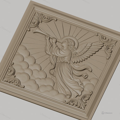Fichier CNC & impression 3D ange trompettiste, nuages et rayons célestes, haute qualité relief STL