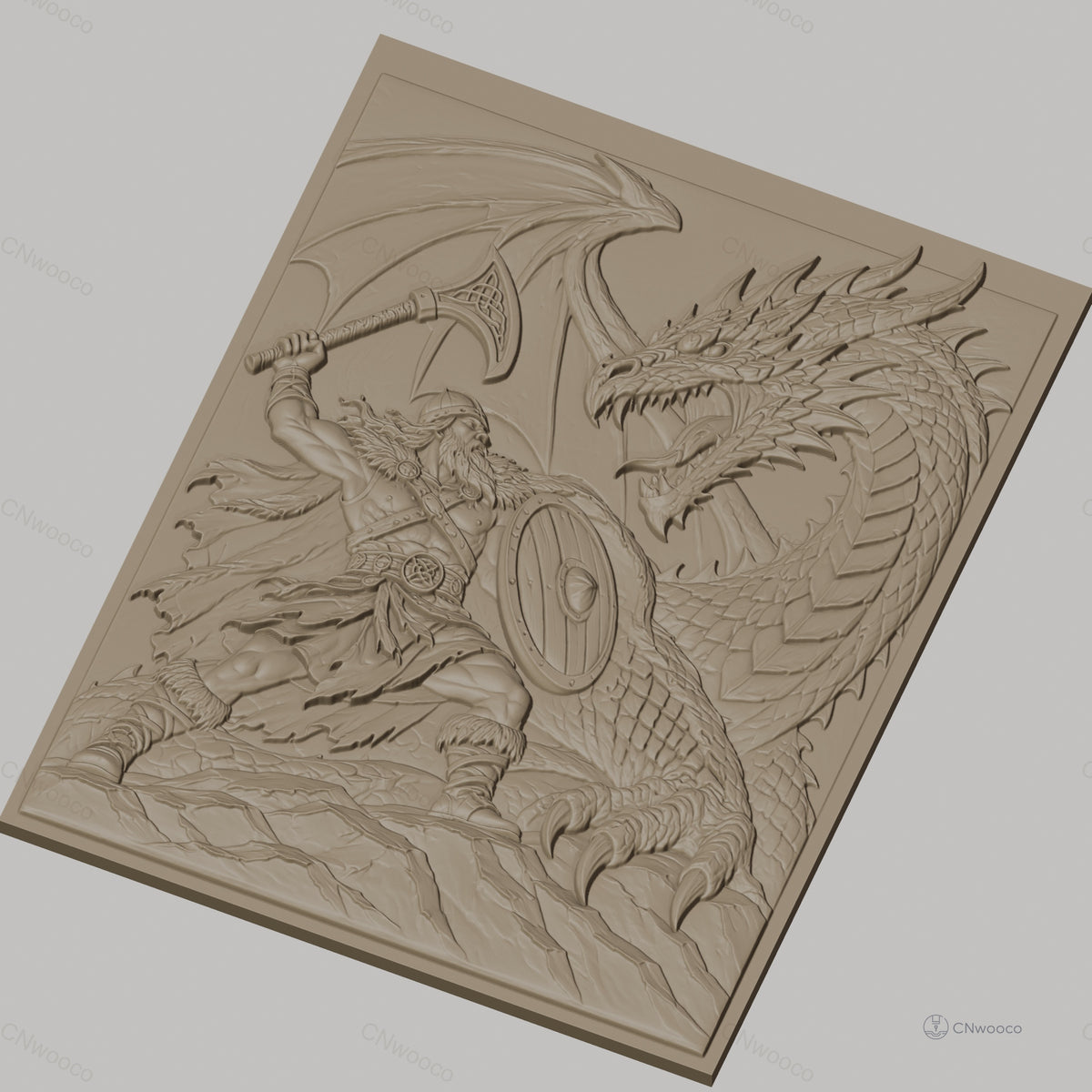 Fichier CNC & impression 3D guerrier viking combattant dragon, hache bouclier combat fantastique, haute qualité relief STL