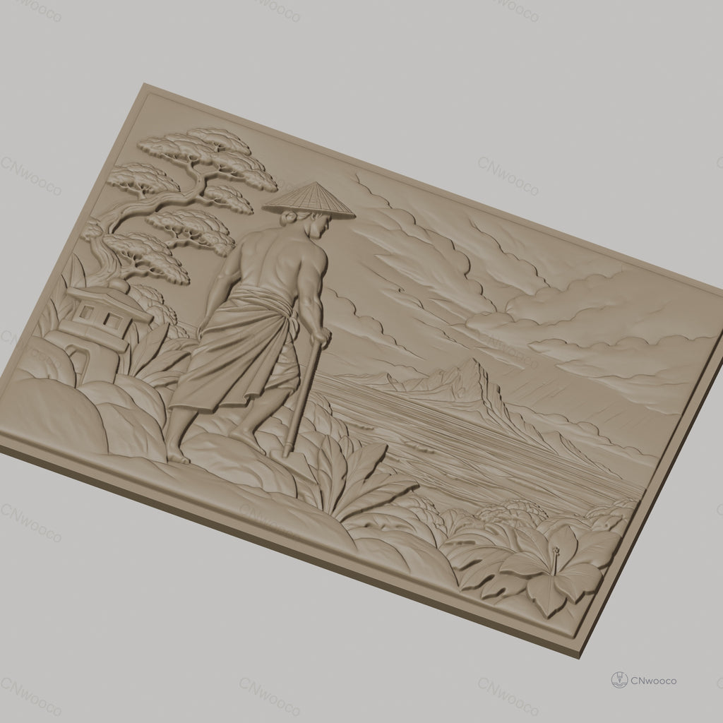 Fichier CNC & impression 3D paysage asiatique, homme avec chapeau conique, montagne et végétation, haute qualité relief STL