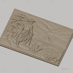 Fichier CNC & impression 3D paysage asiatique, homme avec chapeau conique, montagne et végétation, haute qualité relief STL