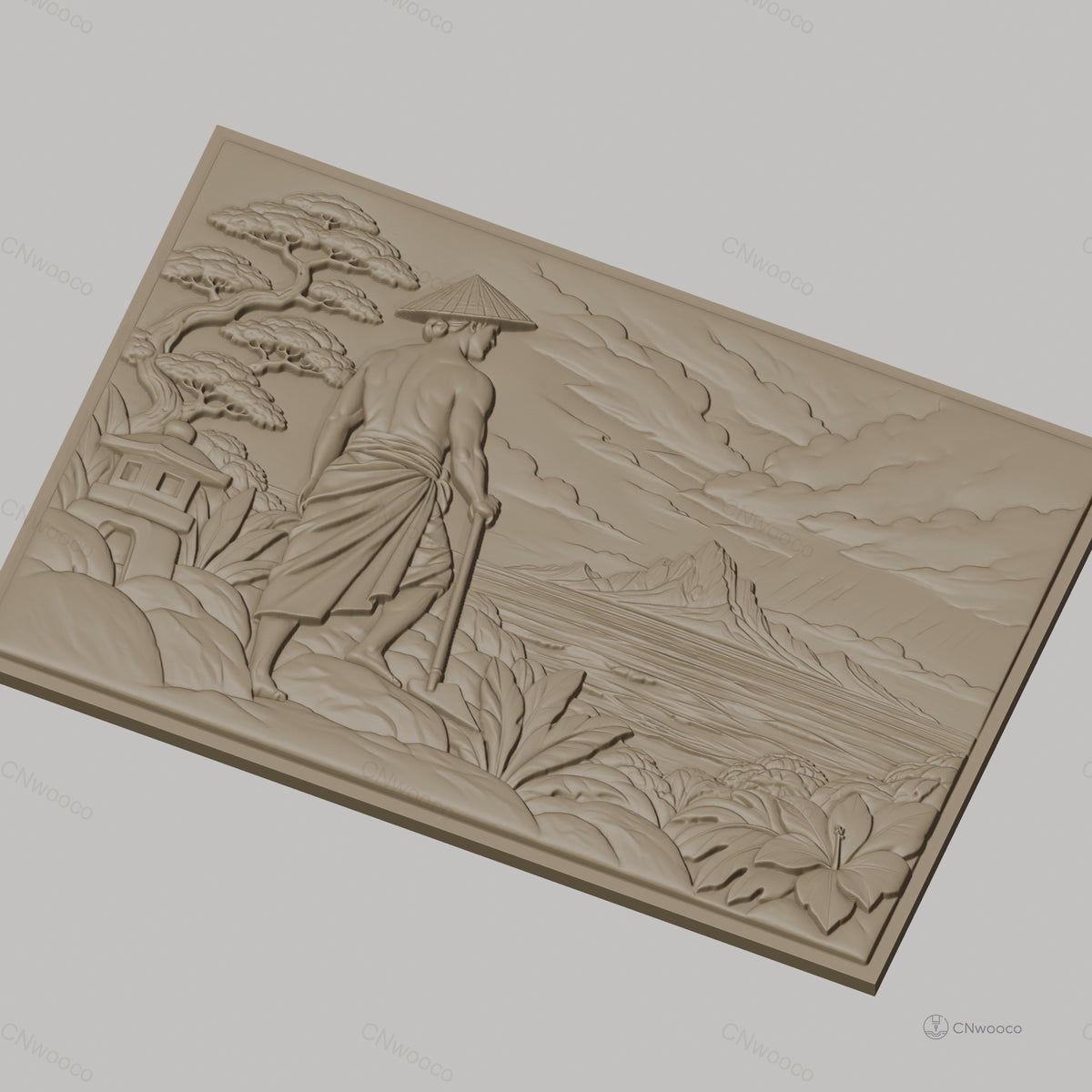 Fichier CNC & impression 3D paysage asiatique, homme avec chapeau conique, montagne et végétation, haute qualité relief STL