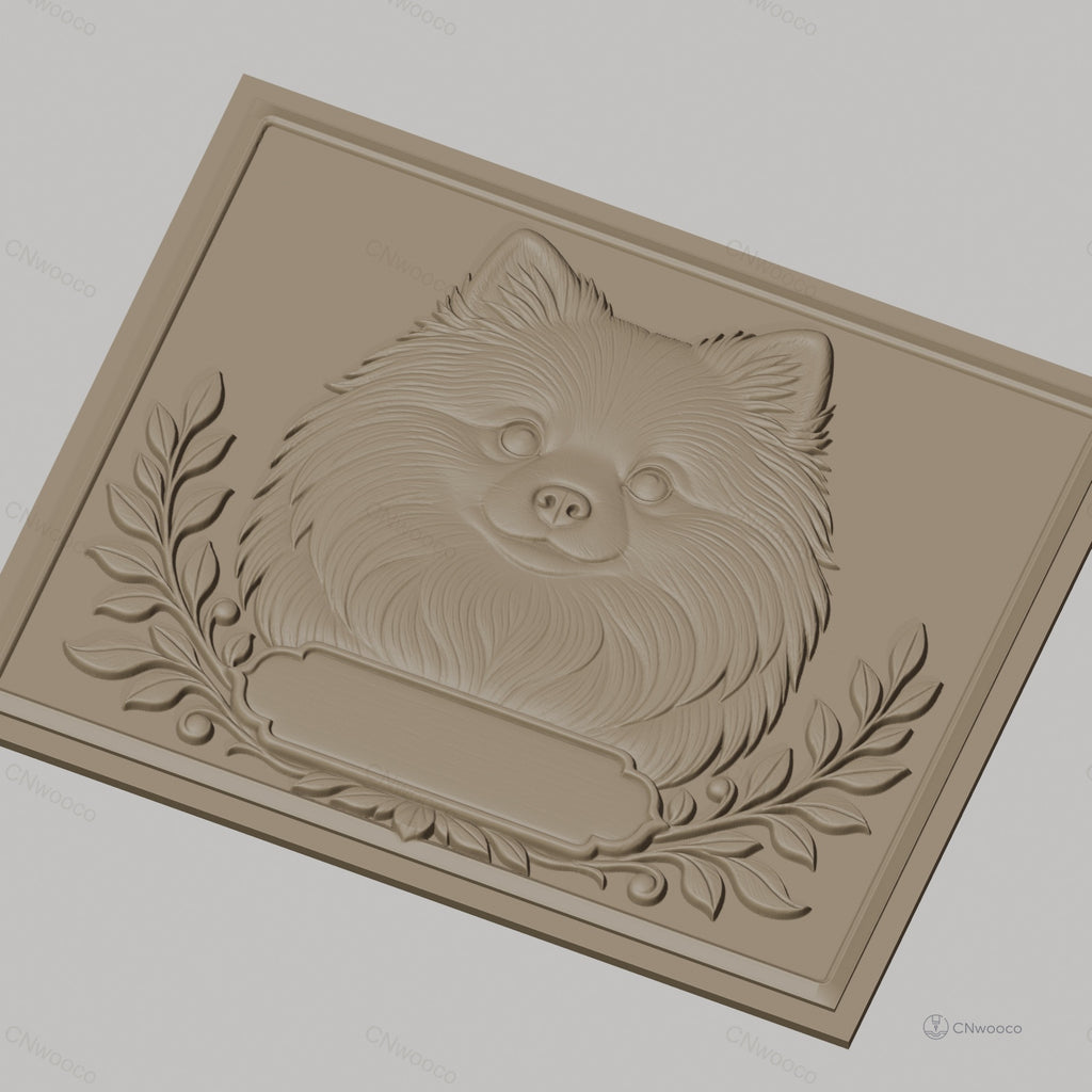 Fichier CNC & impression 3D portrait chien Pomeranian, cadre avec feuilles décoratives, haute qualité relief STL