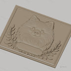 Fichier CNC & impression 3D portrait chien Pomeranian, cadre avec feuilles décoratives, haute qualité relief STL