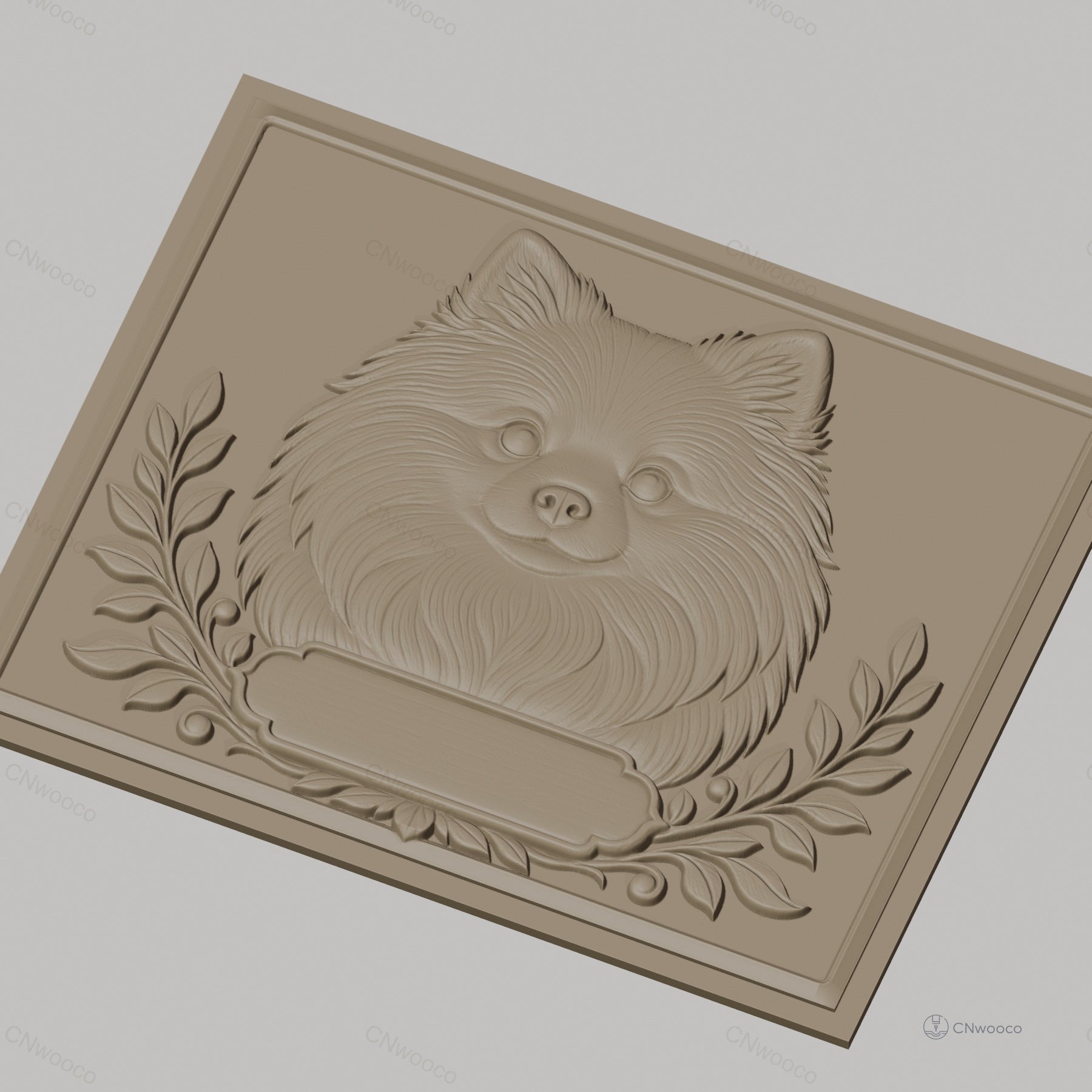 Fichier CNC & impression 3D portrait chien Pomeranian, cadre avec feuilles décoratives, haute qualité relief STL