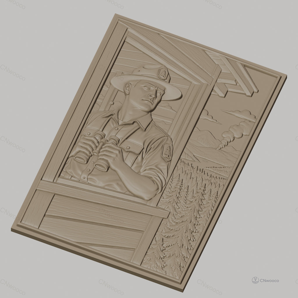 Fichier CNC & impression 3D garde forestier avec jumelles et incendie de forêt relief nature haute qualité relief STL