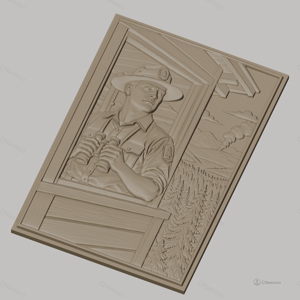 Fichier CNC & impression 3D garde forestier avec jumelles et incendie de forêt relief nature haute qualité relief STL