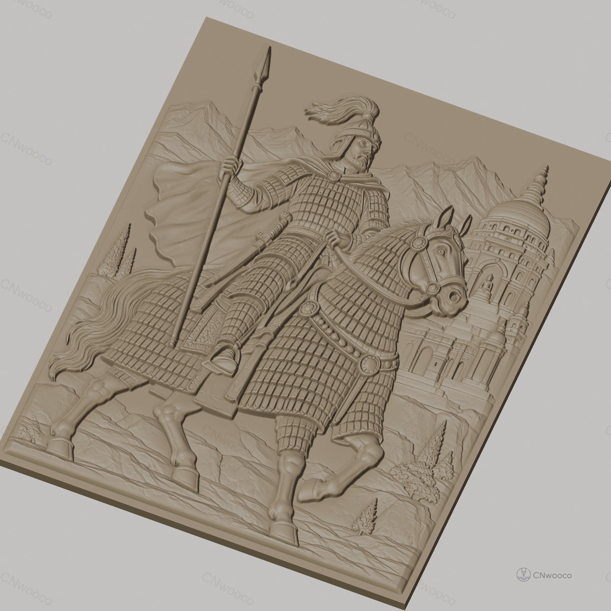 Fichier CNC & impression 3D chevalier à cheval en armure, temple et montagnes, haute qualité relief STL