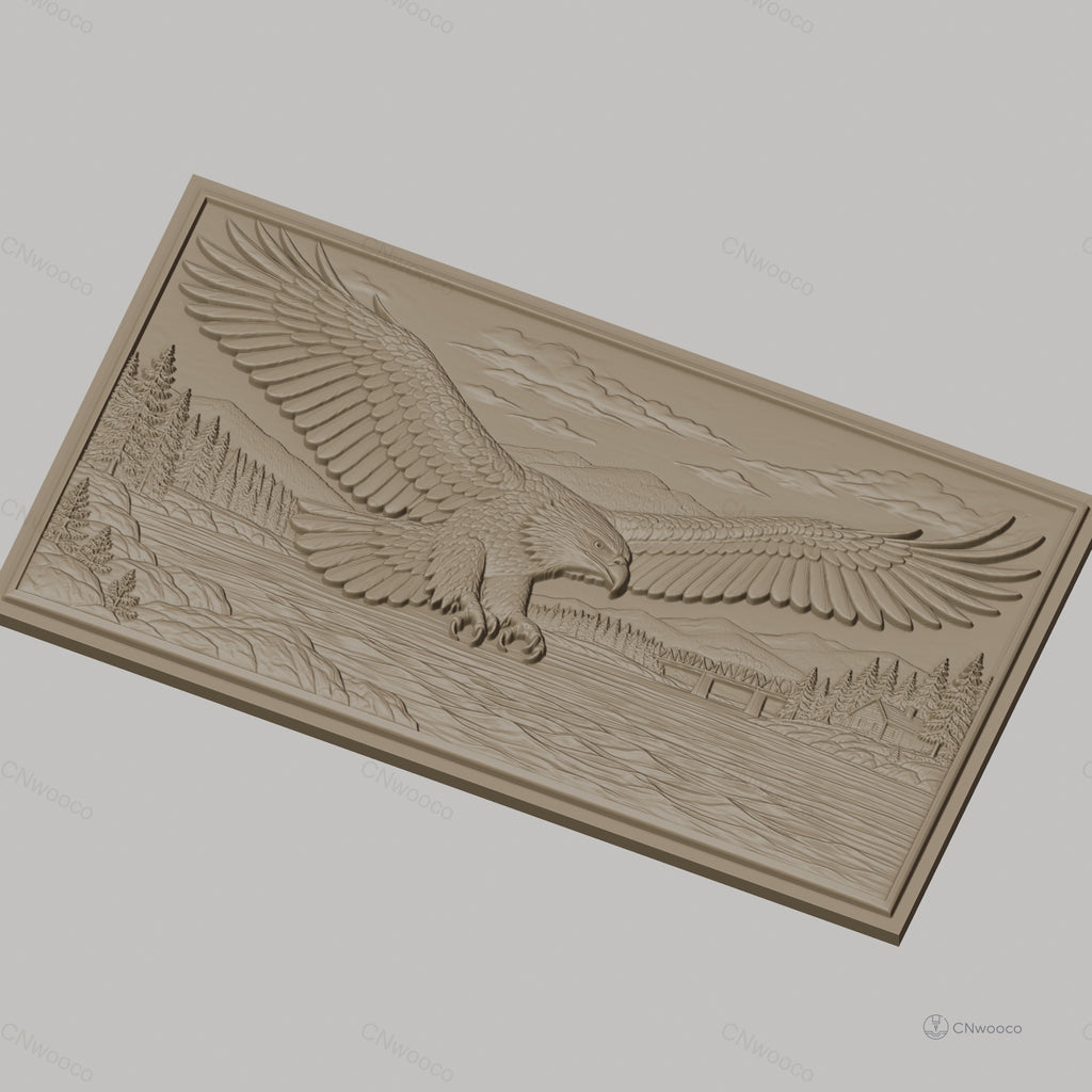 Fichier CNC & impression 3D aigle en vol, rivière, forêt, montagne, maison, pont, haute qualité relief STL
