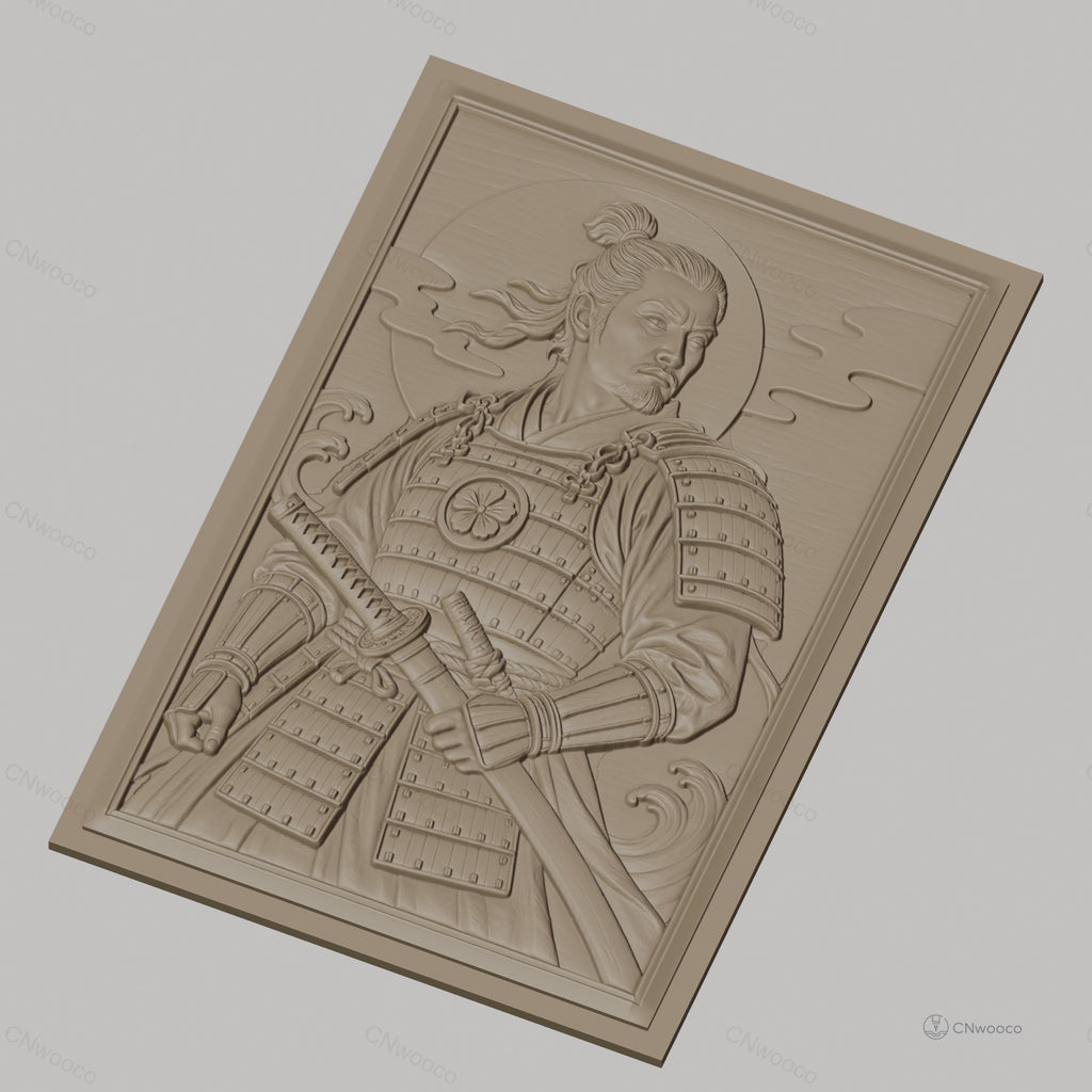 Fichier CNC & impression 3D samouraï en armure, katana et vagues, haute qualité relief STL
