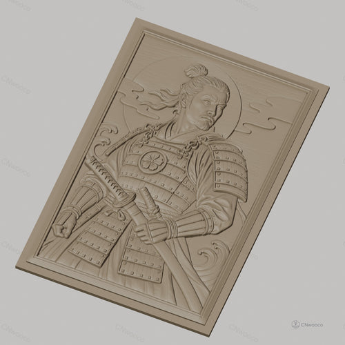 Fichier CNC & impression 3D samouraï en armure, katana et vagues, haute qualité relief STL