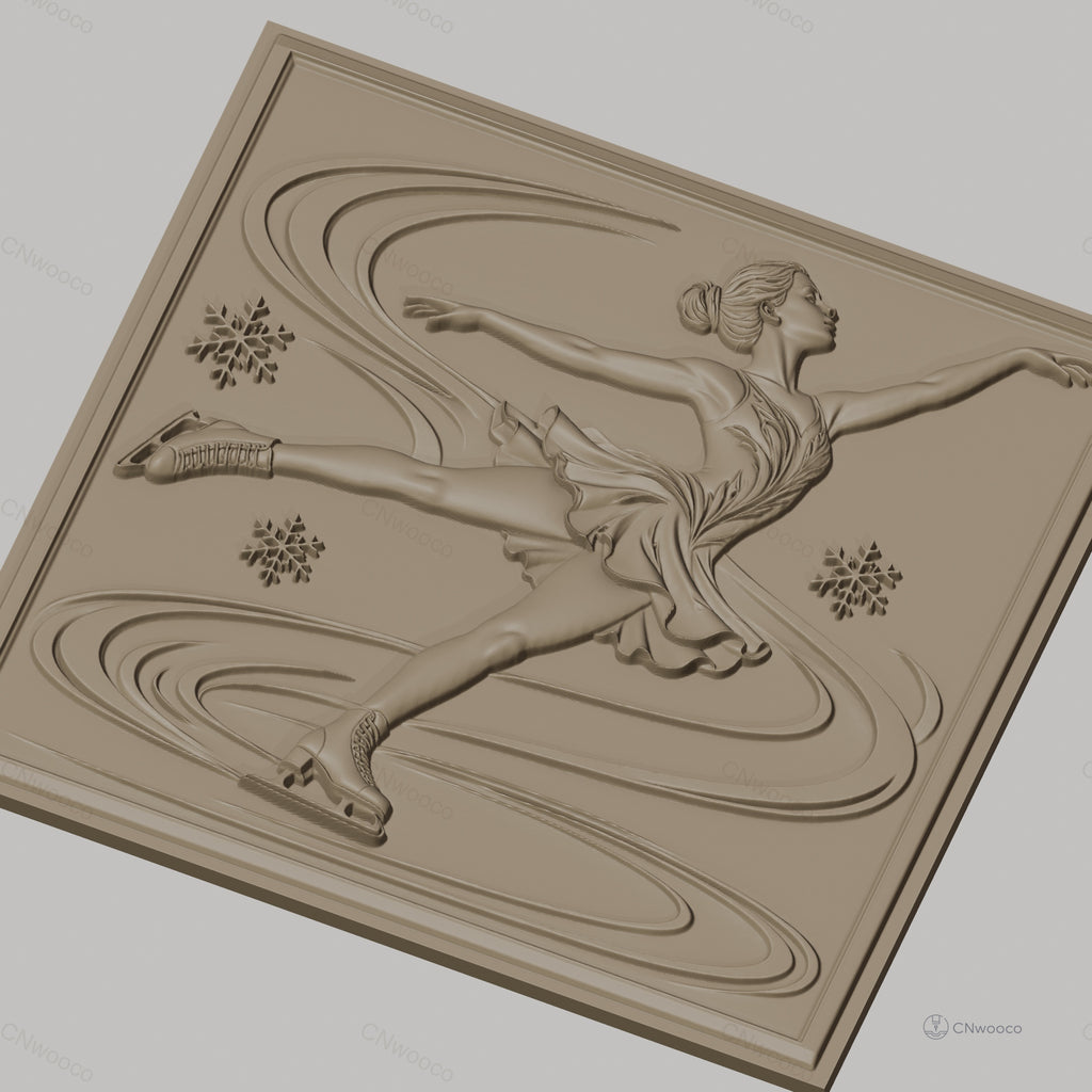 Fichier CNC & impression 3D Patinage artistique, danseuse en mouvement avec flocons de neige, haute qualité relief STL