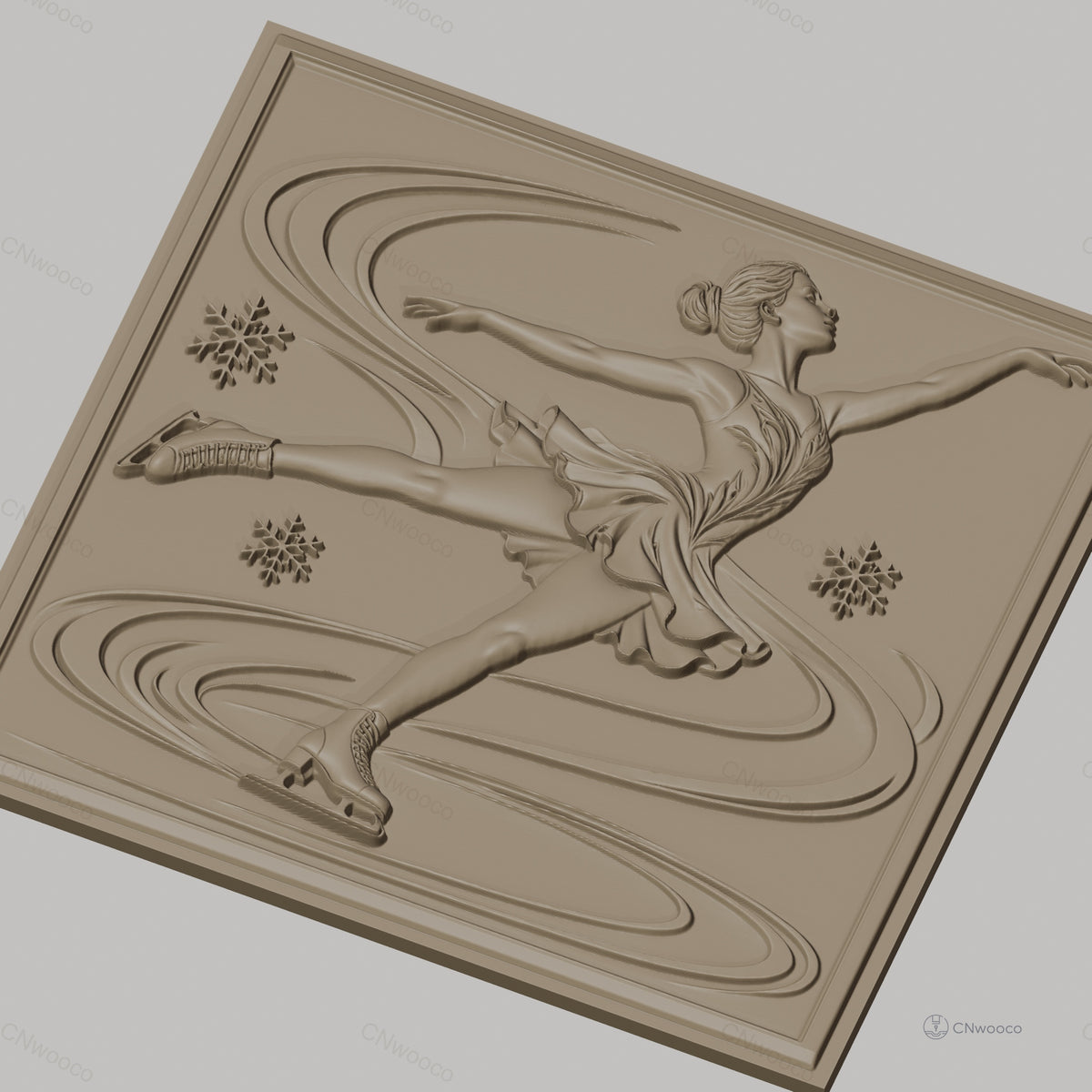 Fichier CNC & impression 3D Patinage artistique, danseuse en mouvement avec flocons de neige, haute qualité relief STL