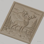 Fichier CNC & impression 3D cerf majestueux, paysage montagneux avec sapins et lune, haute qualité relief STL