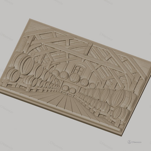Fichier CNC & impression 3D cave à vin avec tonneaux en bois, ambiance rustique, haute qualité relief STL