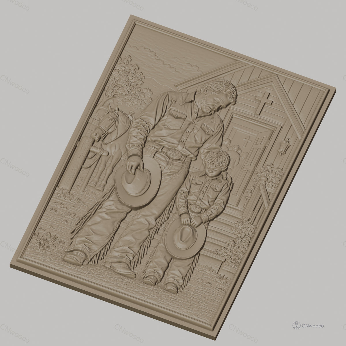 Fichier CNC & impression 3D père et fils cowboys priant devant église, cheval, croix, tenue western, haute qualité relief STL