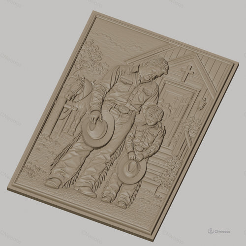 Fichier CNC & impression 3D père et fils cowboys priant devant église, cheval, croix, tenue western, haute qualité relief STL