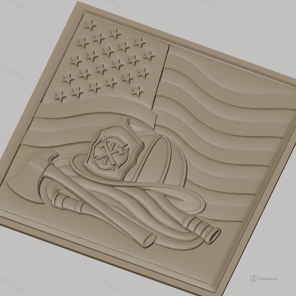 Fichier CNC & impression 3D drapeau américain, casque pompier, hache et tuyau, haute qualité relief STL