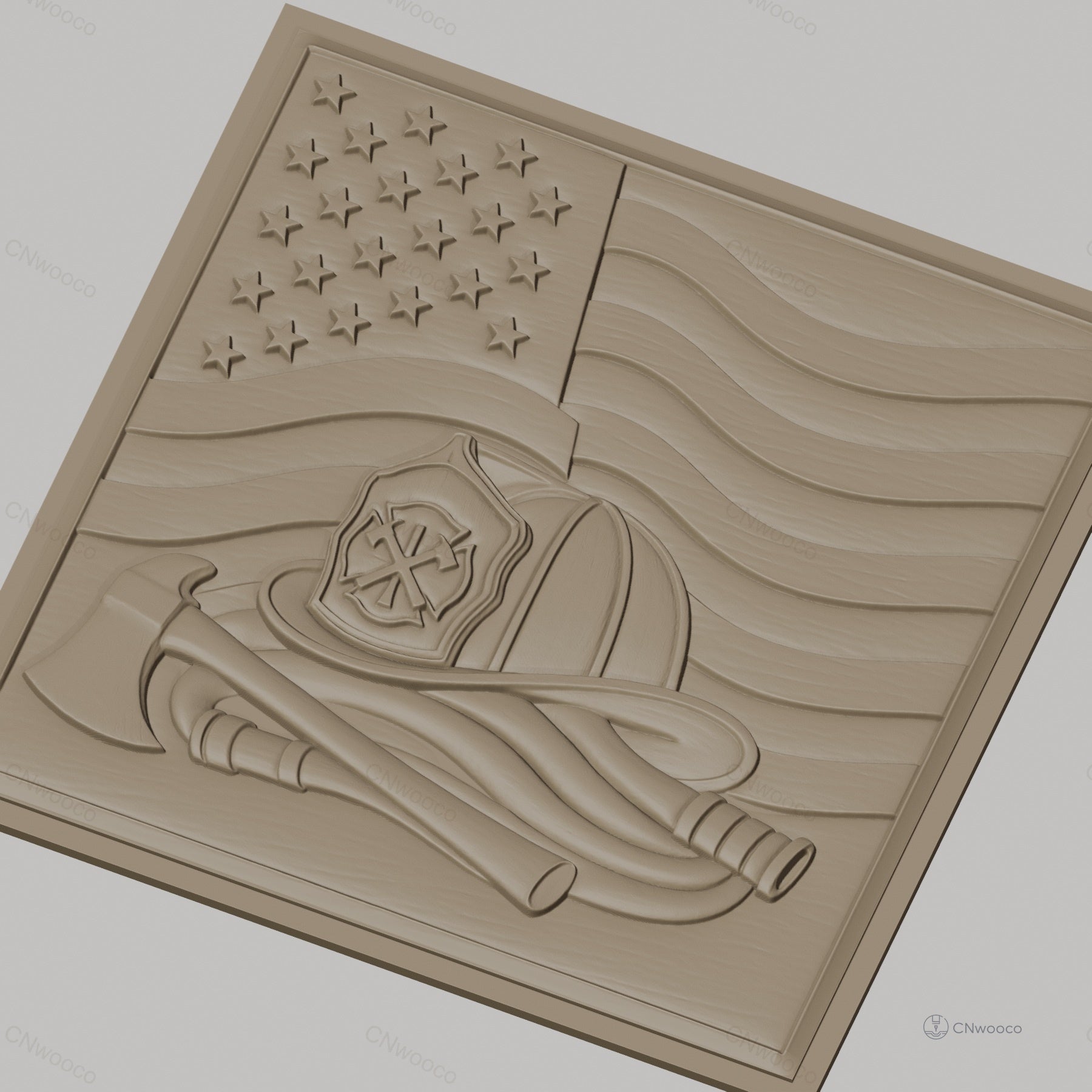 Fichier CNC & impression 3D drapeau américain, casque pompier, hache et tuyau, haute qualité relief STL