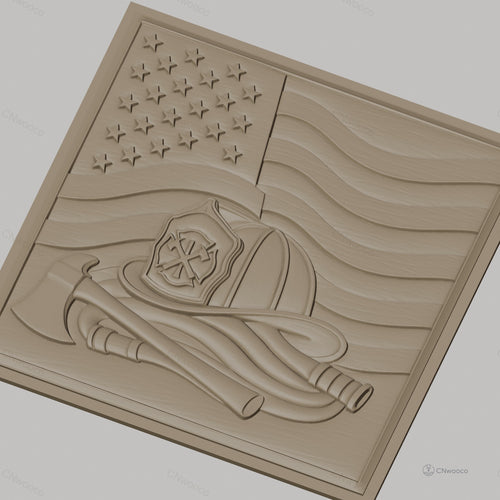 Fichier CNC & impression 3D drapeau américain, casque pompier, hache et tuyau, haute qualité relief STL