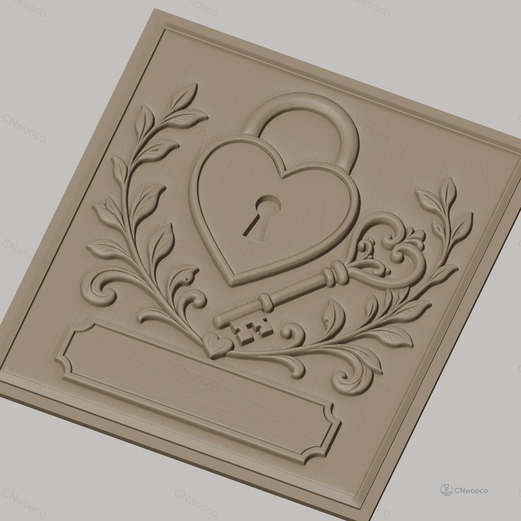 Fichier CNC & impression 3D serrure cœur, clé ornementale et feuillage, haute qualité relief STL