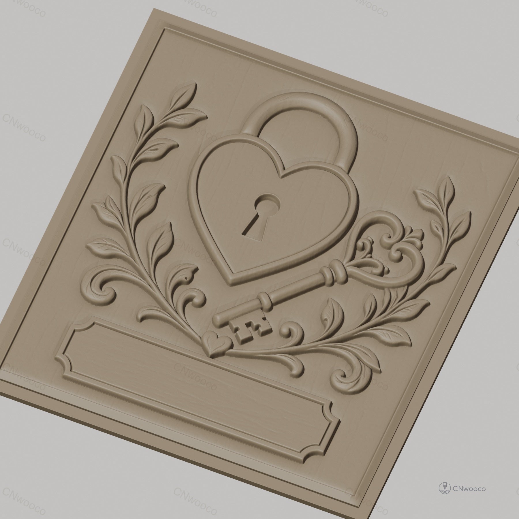Fichier CNC & impression 3D serrure cœur, clé ornementale et feuillage, haute qualité relief STL
