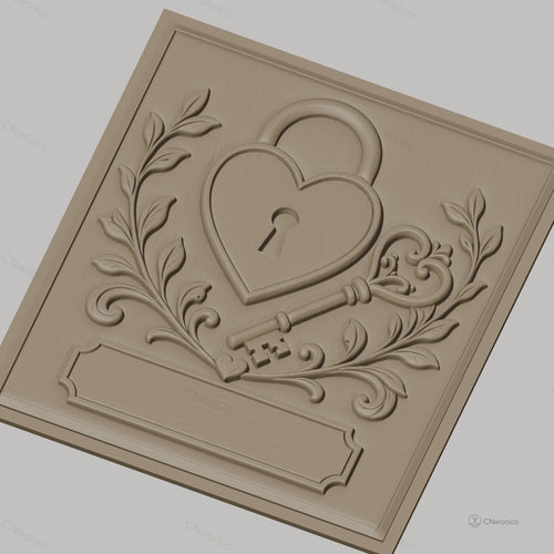 Fichier CNC & impression 3D serrure cœur, clé ornementale et feuillage, haute qualité relief STL