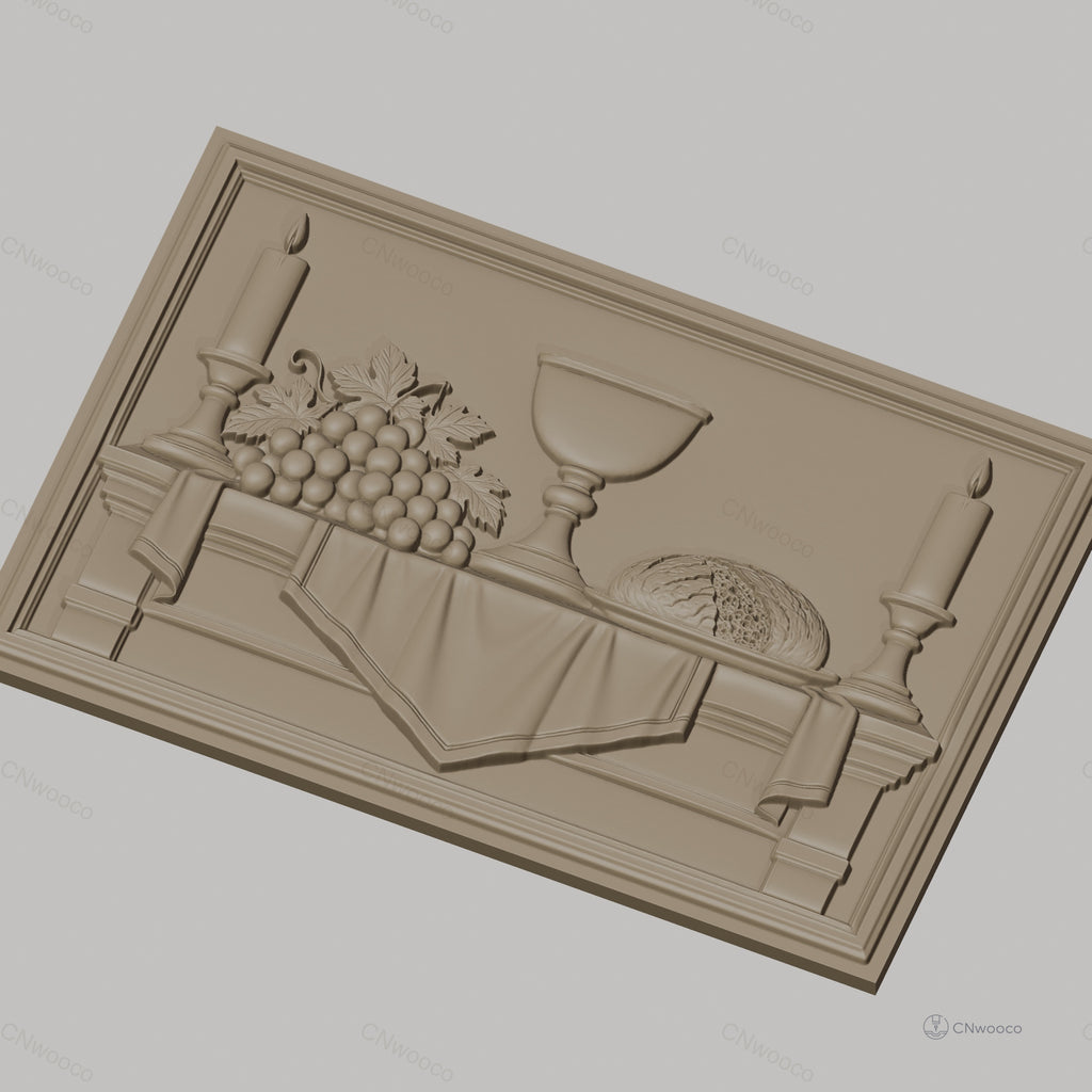 Fichier CNC & impression 3D scène de table avec chandelles, raisins, coupe et pain, haute qualité relief STL