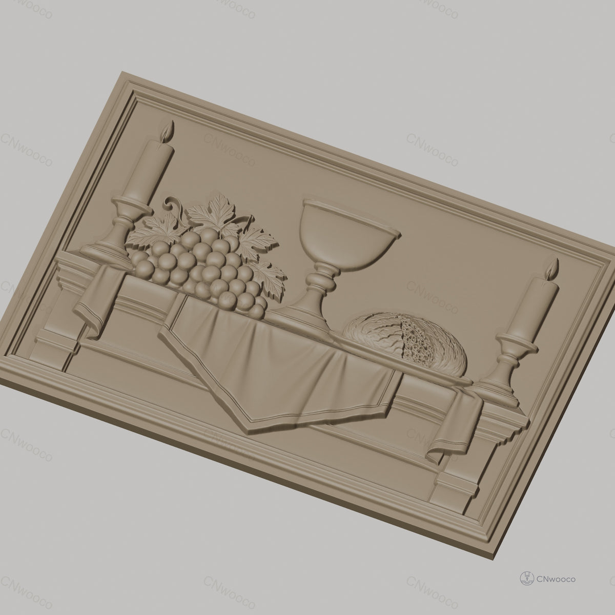 Fichier CNC & impression 3D scène de table avec chandelles, raisins, coupe et pain, haute qualité relief STL