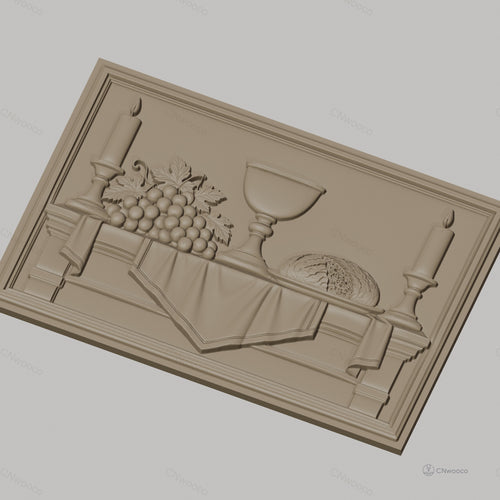Fichier CNC & impression 3D scène de table avec chandelles, raisins, coupe et pain, haute qualité relief STL