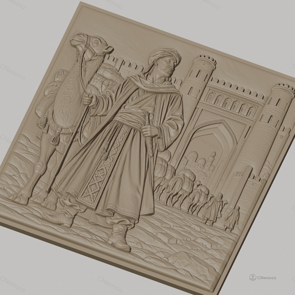 Fichier CNC & impression 3D caravane de dromadaires et voyageur oriental, porte fortifiée, haute qualité relief STL