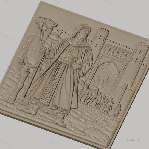 Fichier CNC & impression 3D caravane de dromadaires et voyageur oriental, porte fortifiée, haute qualité relief STL