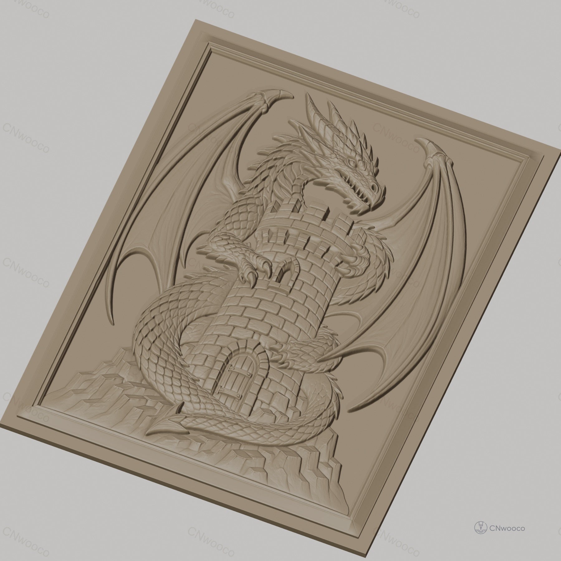 Fichier CNC & impression 3D dragon médiéval avec tour en pierre, haute qualité relief STL