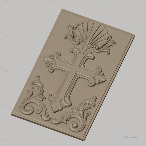 Fichier CNC & impression 3D Croix décorative, motif coquillage et volutes, haute qualité relief STL