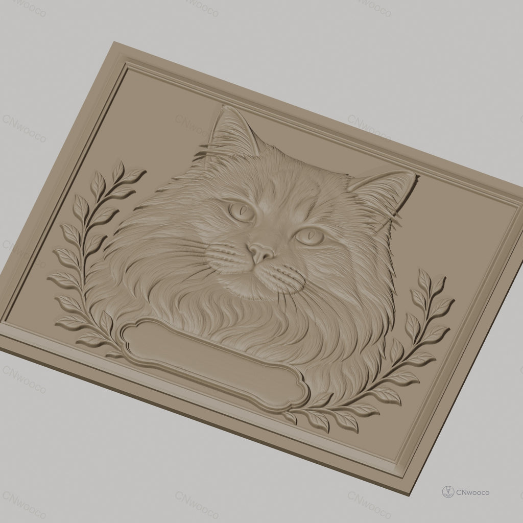 Fichier CNC & impression 3D Chat persan, portrait détaillé avec feuillage, haute qualité relief STL