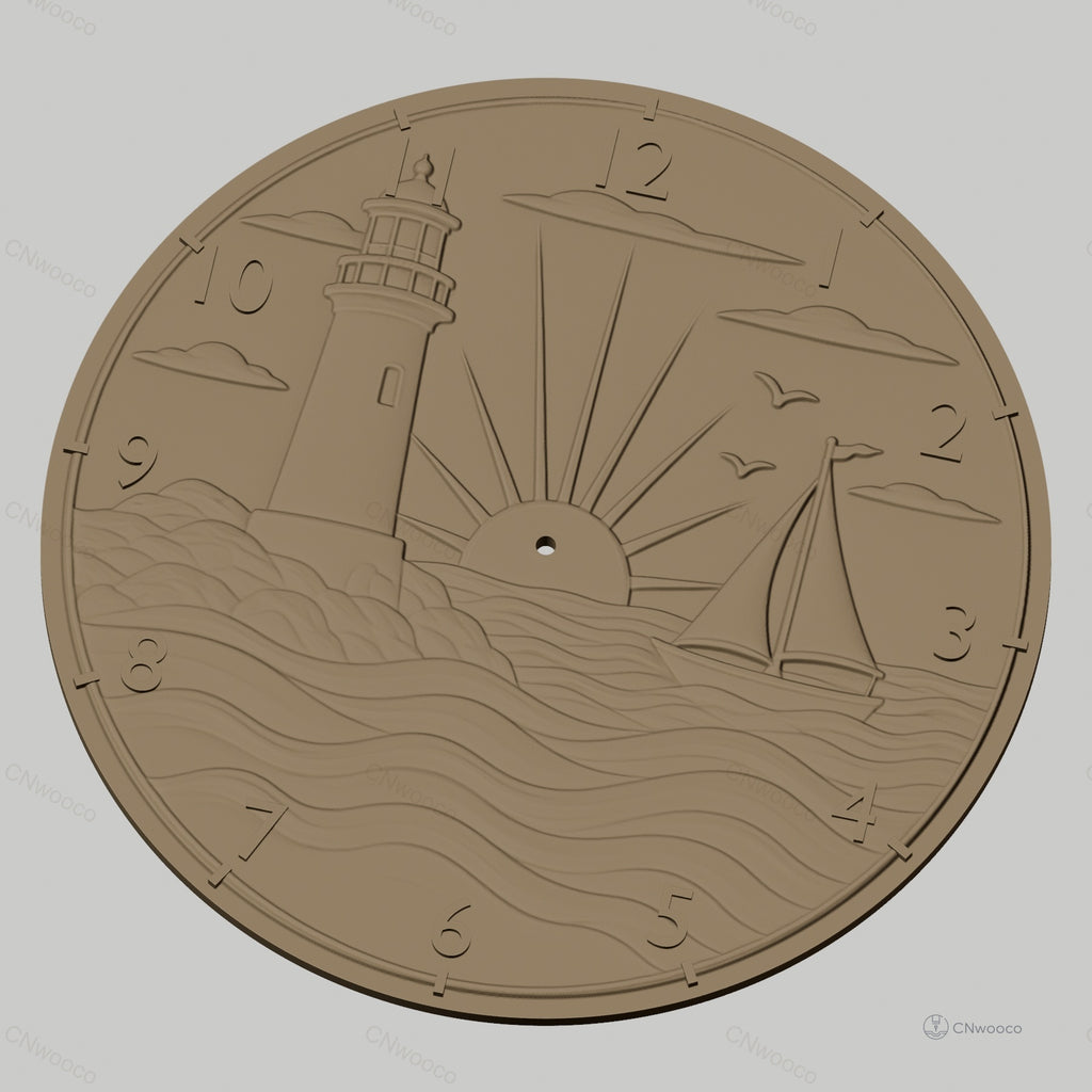 Fichier CNC & impression 3D horloge murale phare, bateau et coucher de soleil en STL