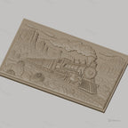 Fichier CNC & impression 3D train à vapeur, paysage désertique avec rochers et cactus, haute qualité relief STL