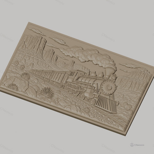 Fichier CNC & impression 3D train à vapeur, paysage désertique avec rochers et cactus, haute qualité relief STL