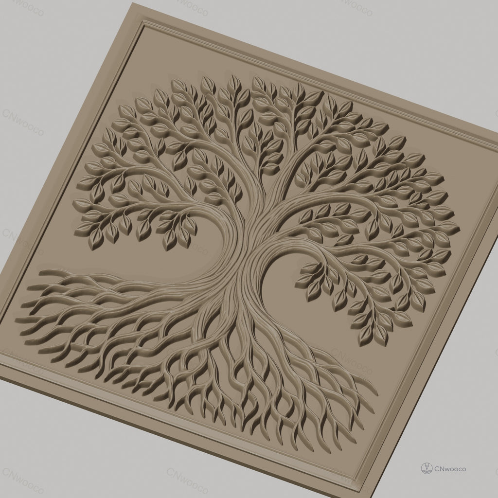 Fichier CNC & impression 3D arbre de vie avec feuilles et racines entrelacées haute qualité relief STL