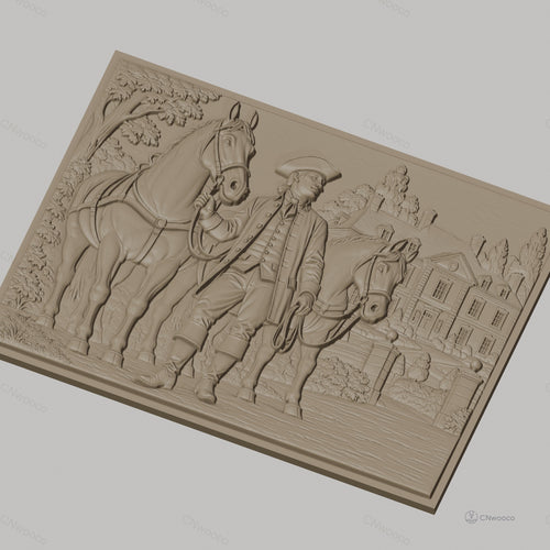 Fichier CNC & impression 3D homme colonial avec chevaux et maison coloniale, haute qualité relief STL