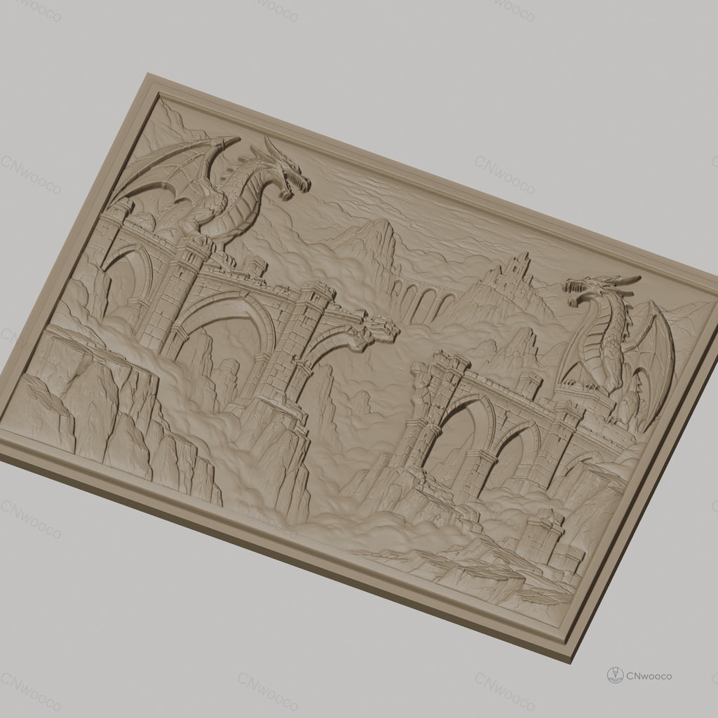 Fichier CNC & impression 3D dragons et ponts gothiques, ruines médiévales et montagnes, haute qualité relief STL